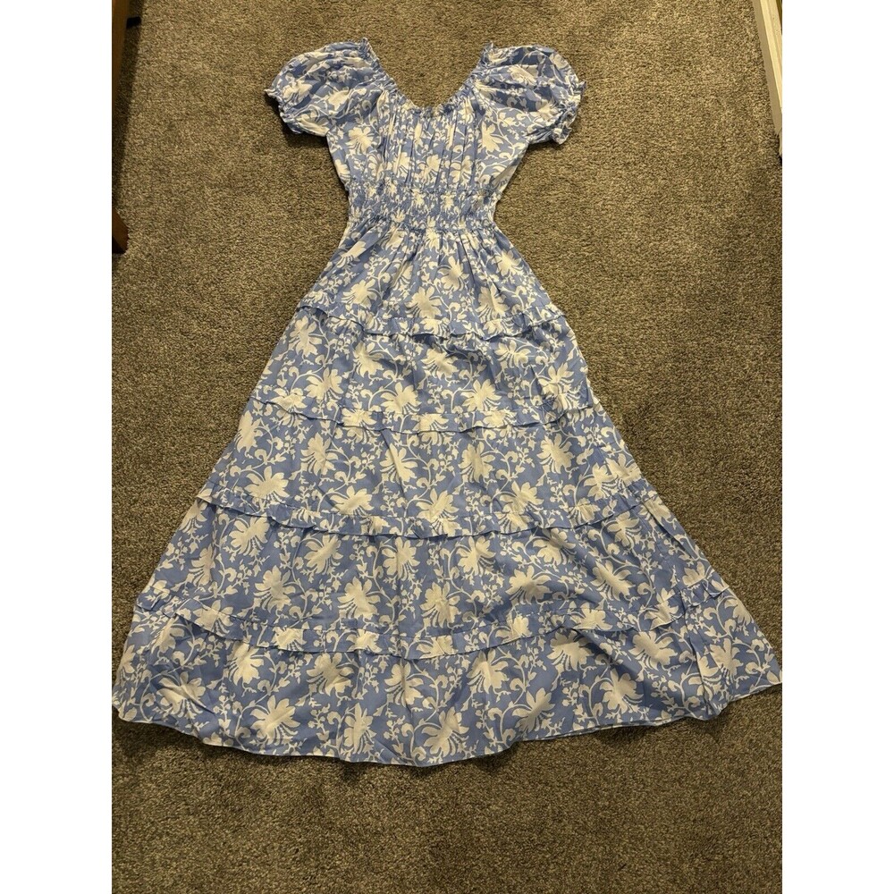 Pink City Prints Puff Sleeve Blue Floral Maxi Dress Smocked‎ Size Large